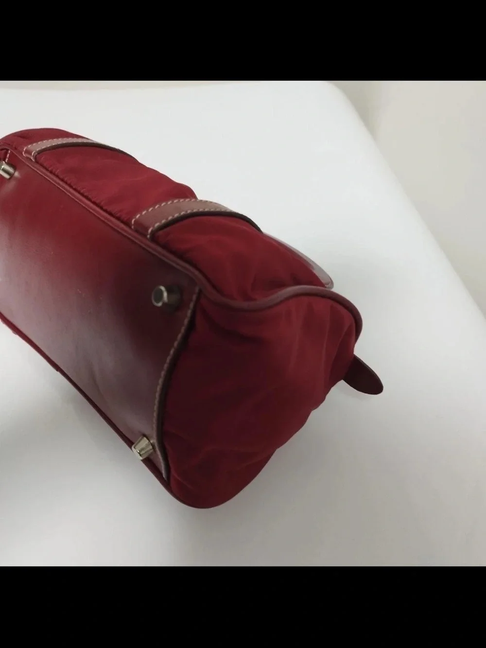 Prada Red Nylon Barrel Satchel with Leather Trim
